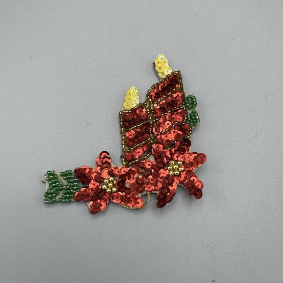 Vtg Unique Sequin Applique Candles Christmas Tree Ornament Magnet Handmade 3" - Picture 1 of 5